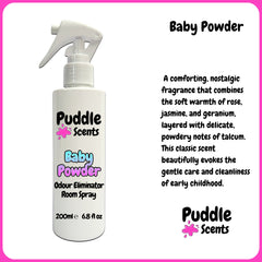 Puddle Scents Baby Powder Odour Eliminator Room Spray bottle with product description on a white background