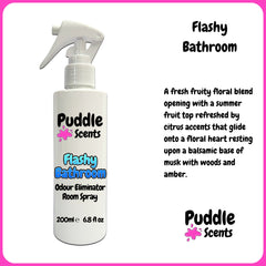 Puddle Scents Flashy Bathroom room spray bottle with product description on a white background