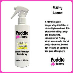 Puddle Scents Flashy Lemon odour eliminator room spray bottle with product description text.