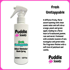 Puddle Scents Fresh Unstoppable room spray bottle with product description on a white background