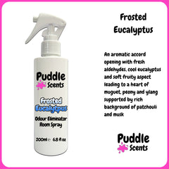 Frosted Eucalyptus room spray bottle with product description on a white background