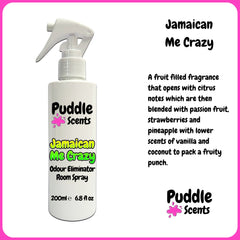 Puddle Scents 'Jamaican Me Crazy' room spray bottle with product description text.