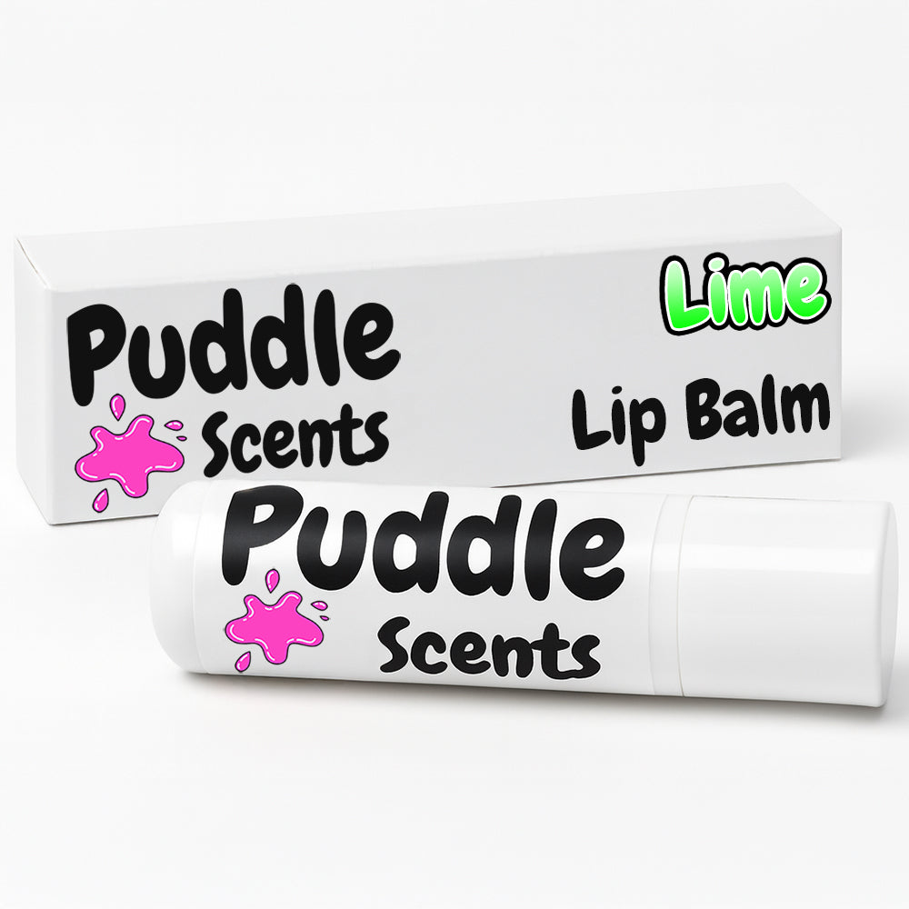 Lime Flavoured Lip balm with 'Puddle Scents' branding on a white background