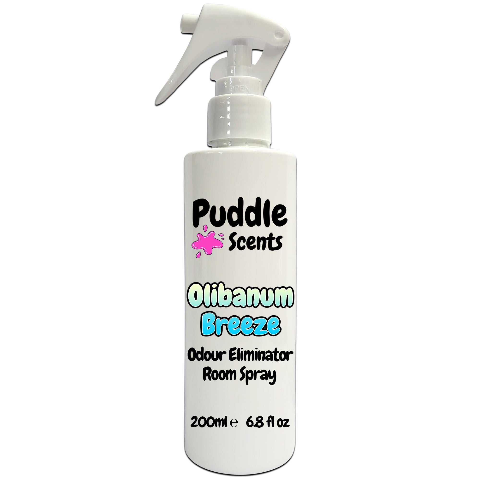 Odour eliminator room spray bottle labeled 'Olibanum Breeze' by Puddle Scents on a white background