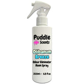 Odour eliminator room spray bottle labeled 'Olibanum Breeze' by Puddle Scents on a white background