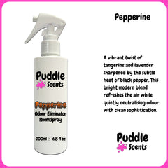 Puddle Scents Pepperine Odour Eliminator Room Spray bottle with product description on a white background