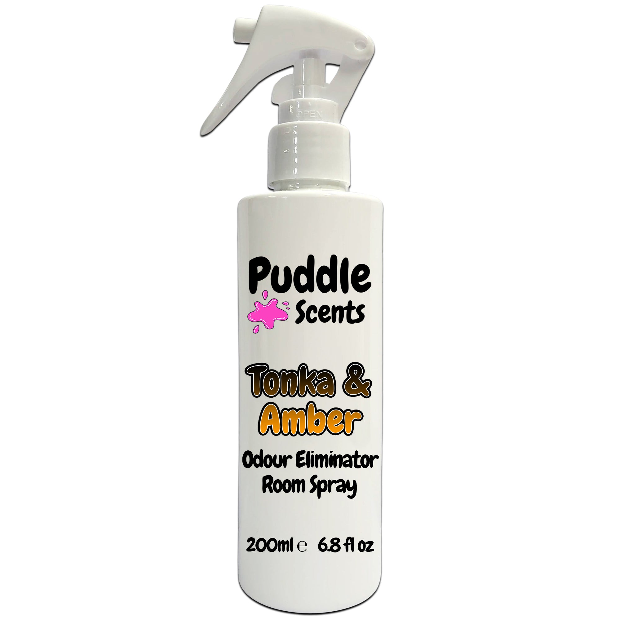 Odour eliminator room spray bottle labeled 'Puddle Scents Tonka & Amber' on a white background