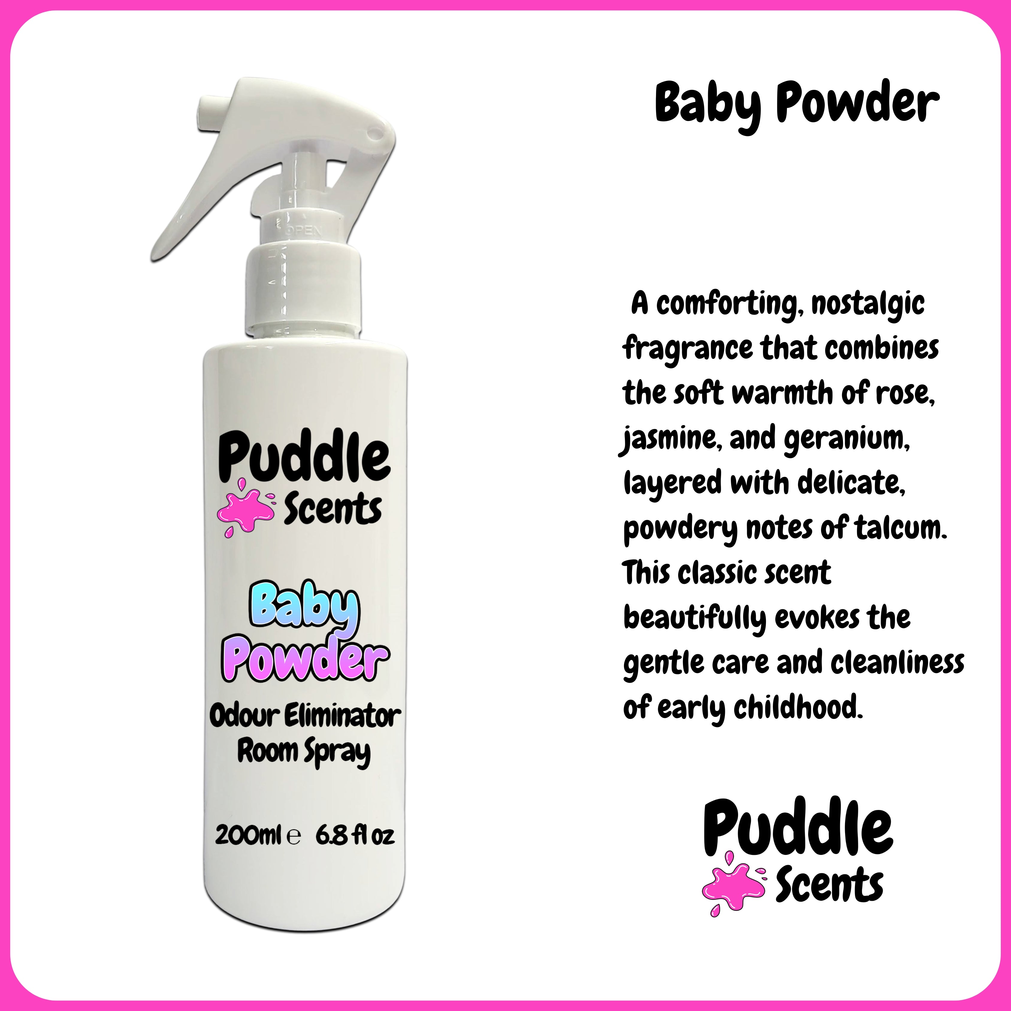 Puddle Scents Baby Powder Odour Eliminator Room Spray bottle with product description on a white background