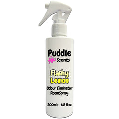 White spray bottle labeled 'Puddle Scents Flashy Lemon Odour Eliminator Room Spray' on a white background
