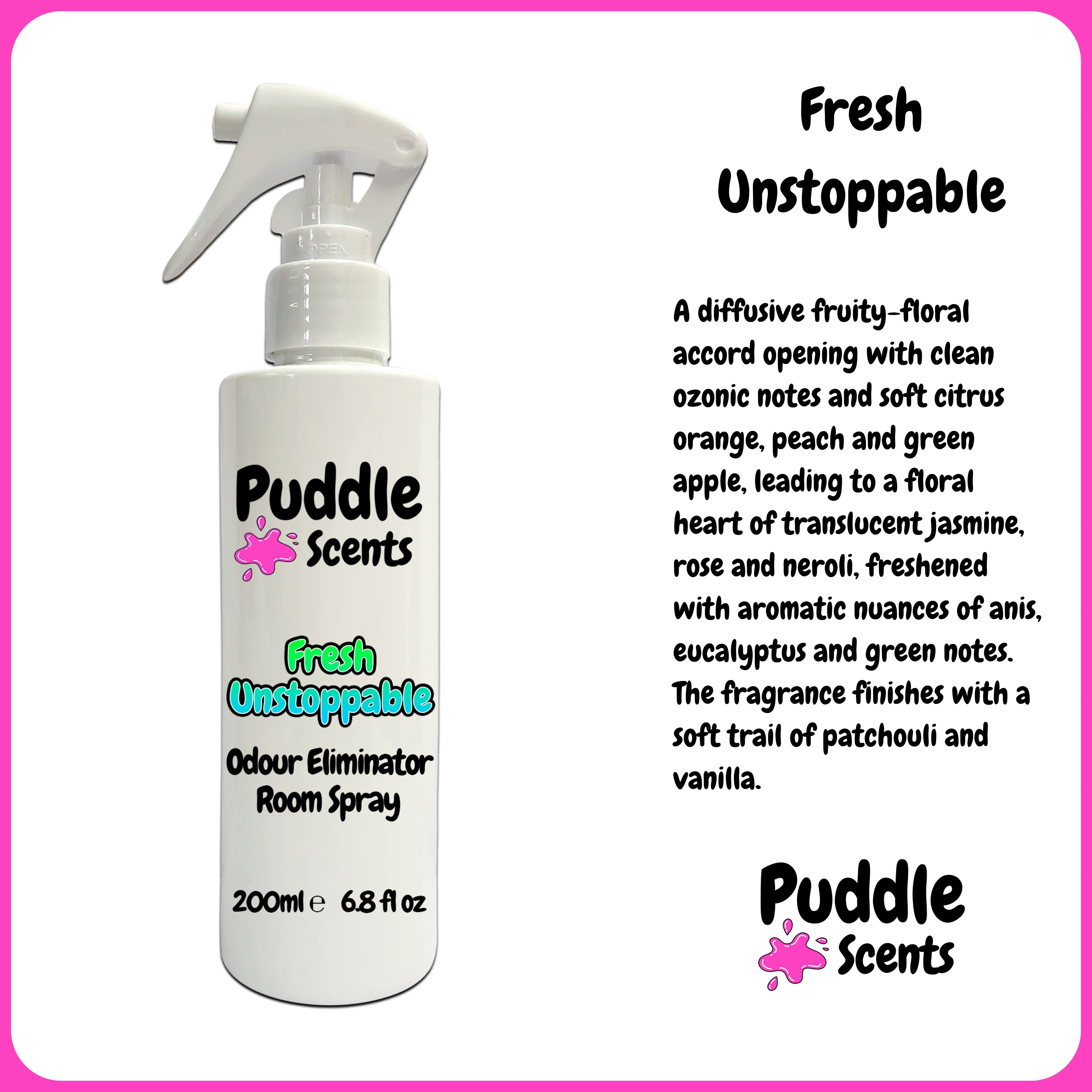 Puddle Scents Fresh Unstoppable room spray bottle with product description on a white background