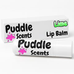 Lime Flavoured Lip balm with 'Puddle Scents' branding on a white background