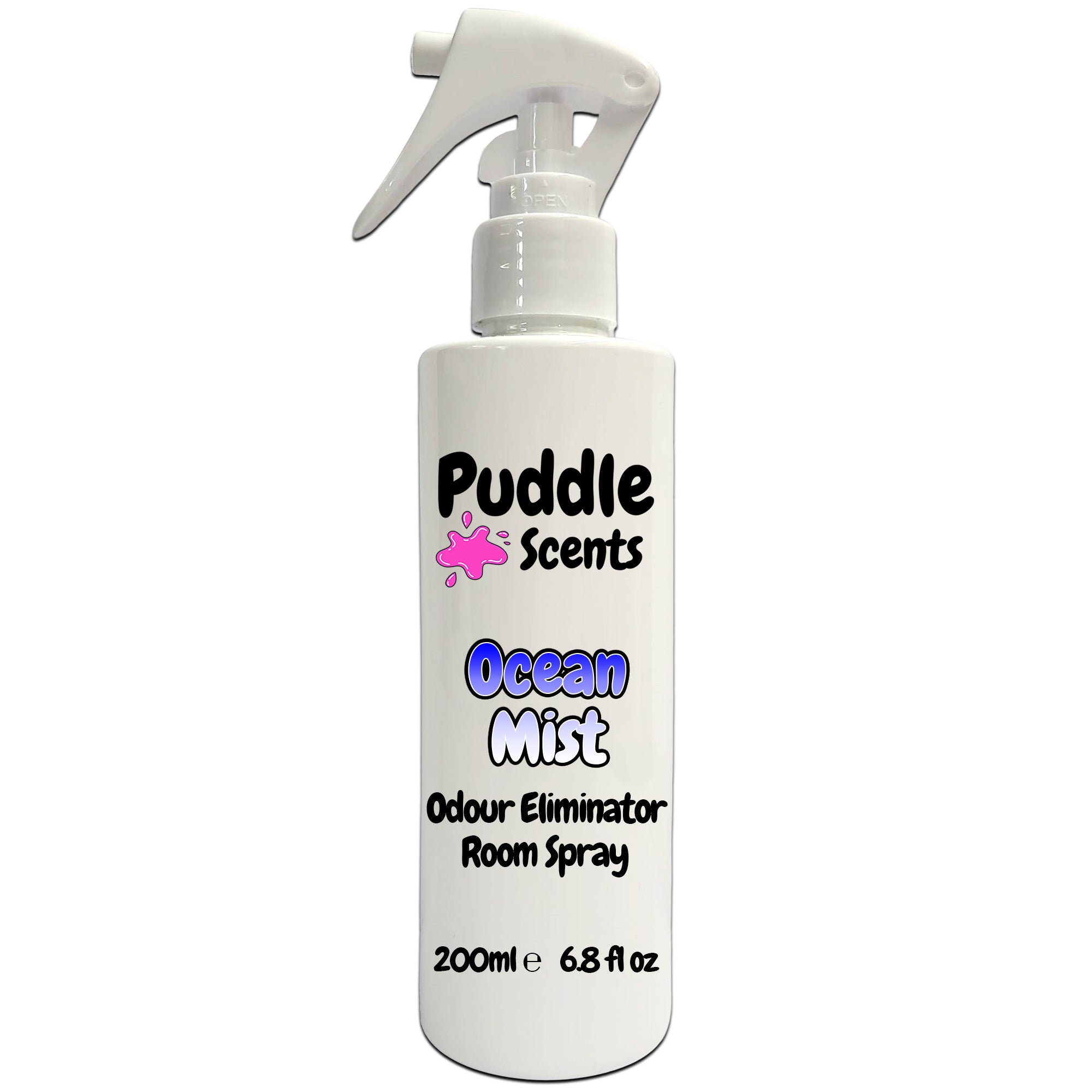 White spray bottle labeled 'Puddle Scents Ocean Mist Odour Eliminator Room Spray' on a white background