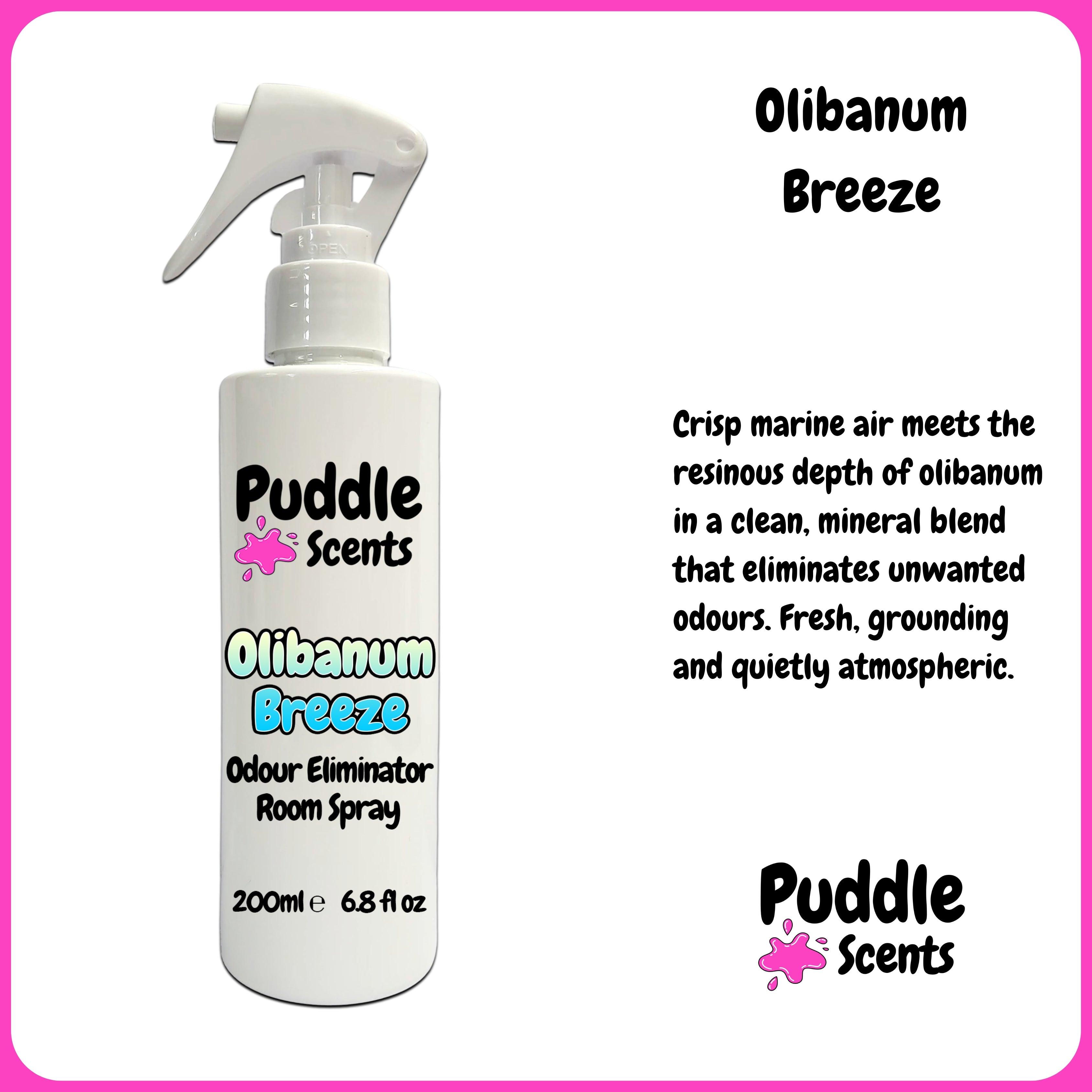 Olibanum Breeze odour eliminator room spray bottle with branding and product description on a white background.